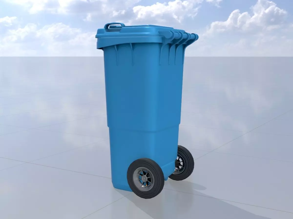 Plastic garbage can blue with wheels 60 L Low-poly 3D model_0