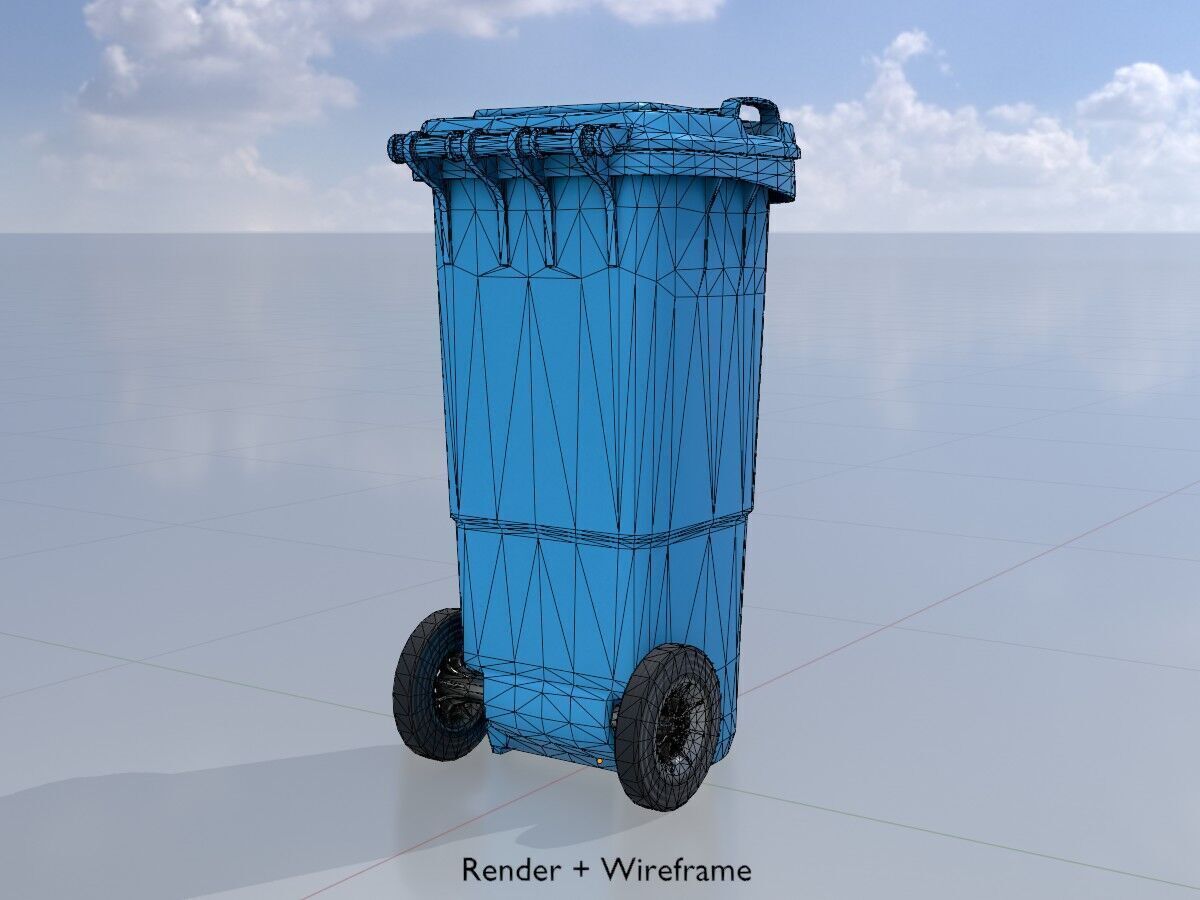 Plastic garbage can blue with wheels 60 L Low-poly 3D model_6