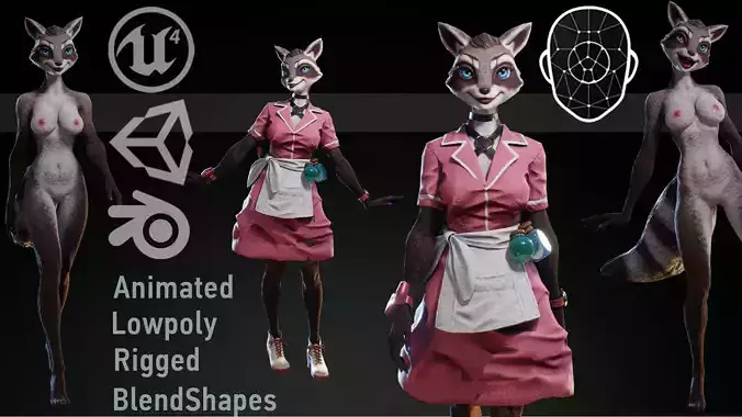 Raccoon Girl Waitress Low-poly 3D model