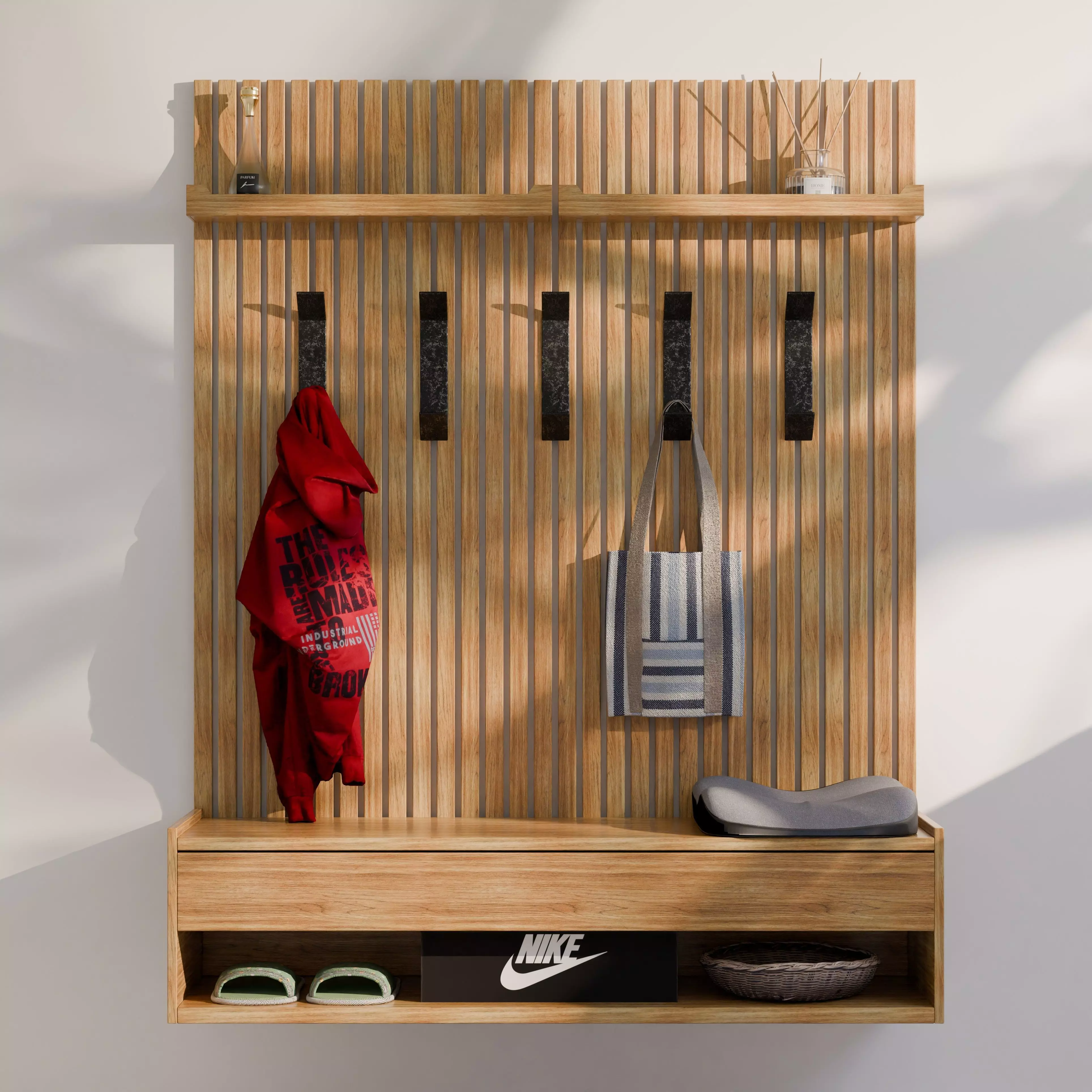 Modern Minimalist Batten Oak Shoes Storage and Panel 3D Model Free 3D model