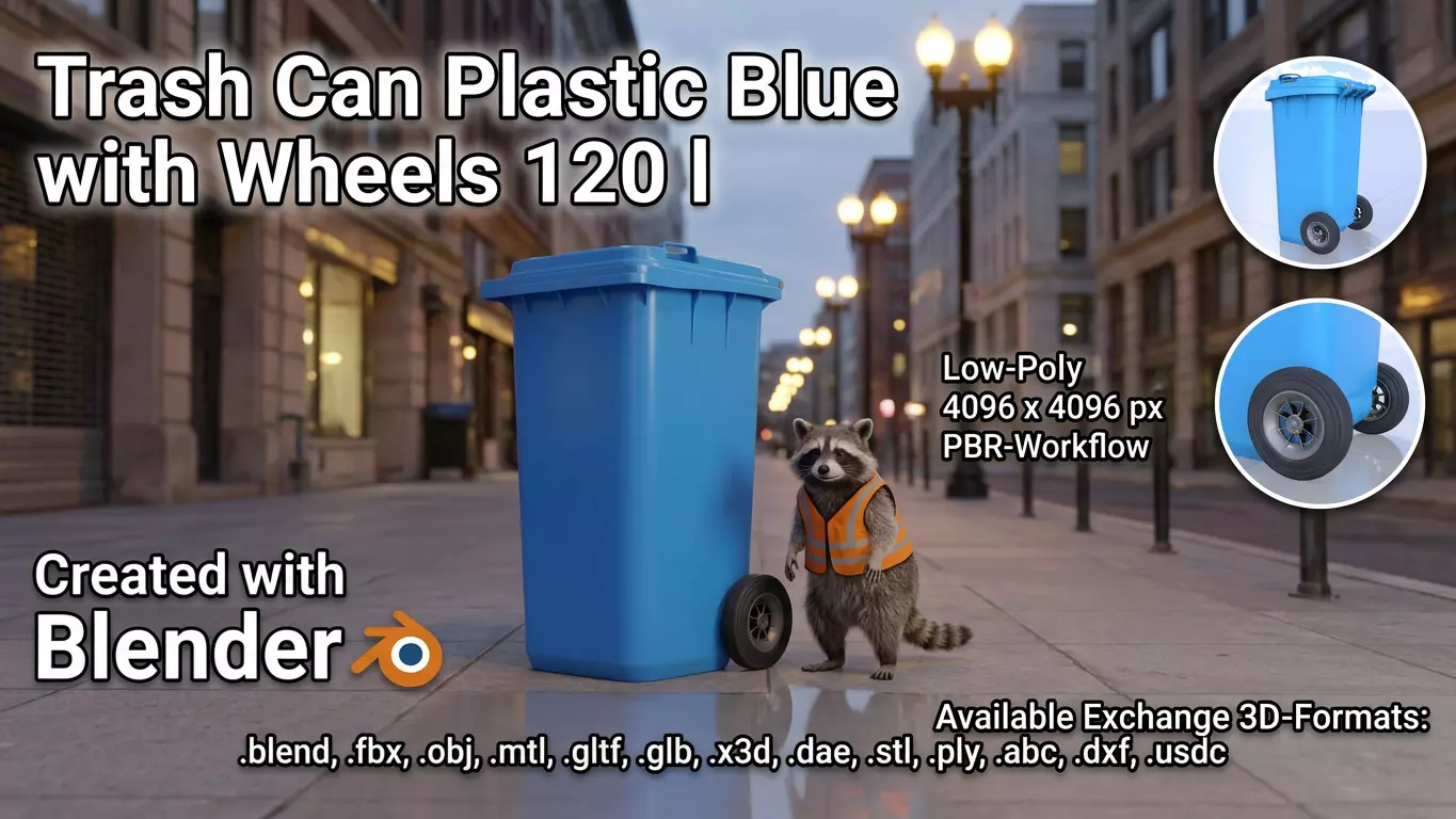 Plastic garbage can blue with wheels 120 L Low-poly 3D model