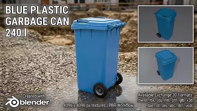 Plastic garbage can blue with wheels 240 L
