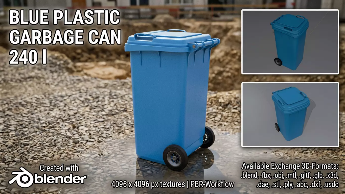 Plastic garbage can blue with wheels 240 L Low-poly 3D model