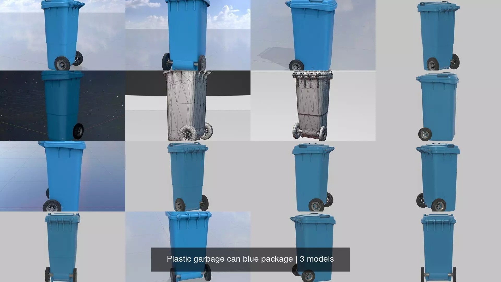 Three wheeled garbage cans blue package 3D Model Collection_0