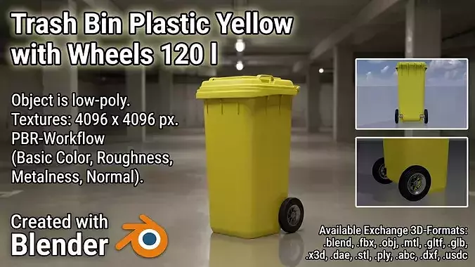 Plastic garbage can yellow with wheels 120 L