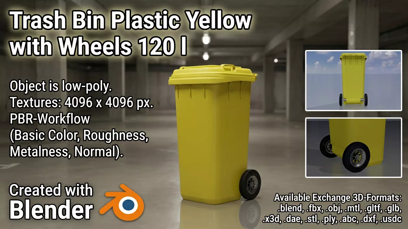 Plastic garbage can yellow with wheels 120 L Low-poly 3D model