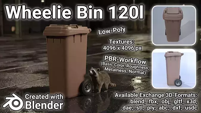 Plastic garbage can brown with wheels 120 L