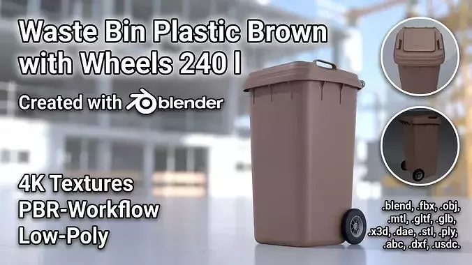 Plastic garbage can brown with wheels 240 L