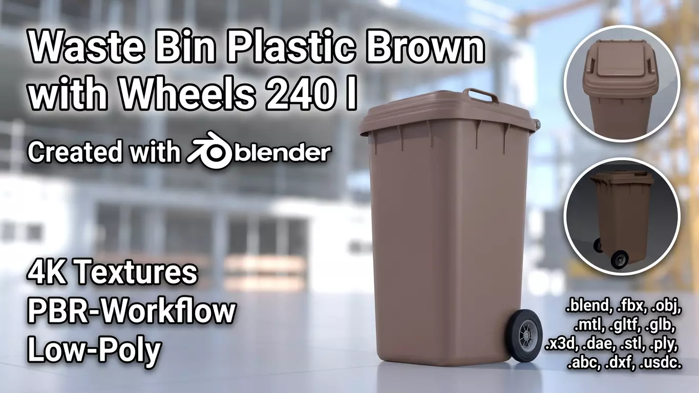 Plastic garbage can brown with wheels 240 L Low-poly 3D model