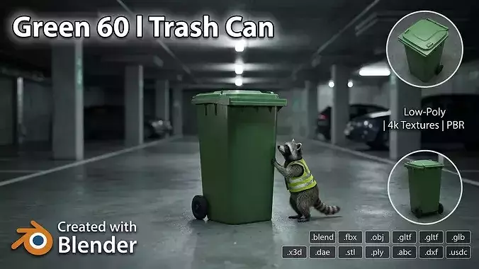 Plastic garbage can green with wheels 60 L