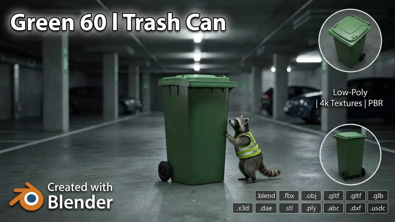 Plastic garbage can green with wheels 60 L Low-poly 3D model