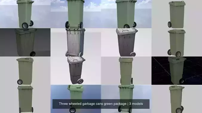 Three wheeled garbage cans green package 3D Model Collection