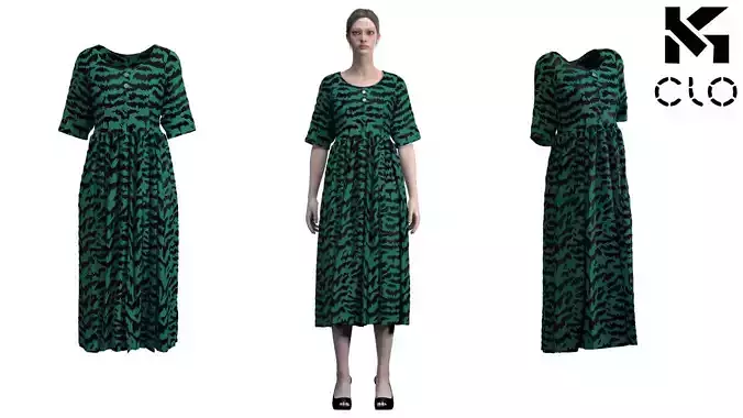 Elegant Green Abstract Midi Dress Clo3D Model Accurate Patterns
