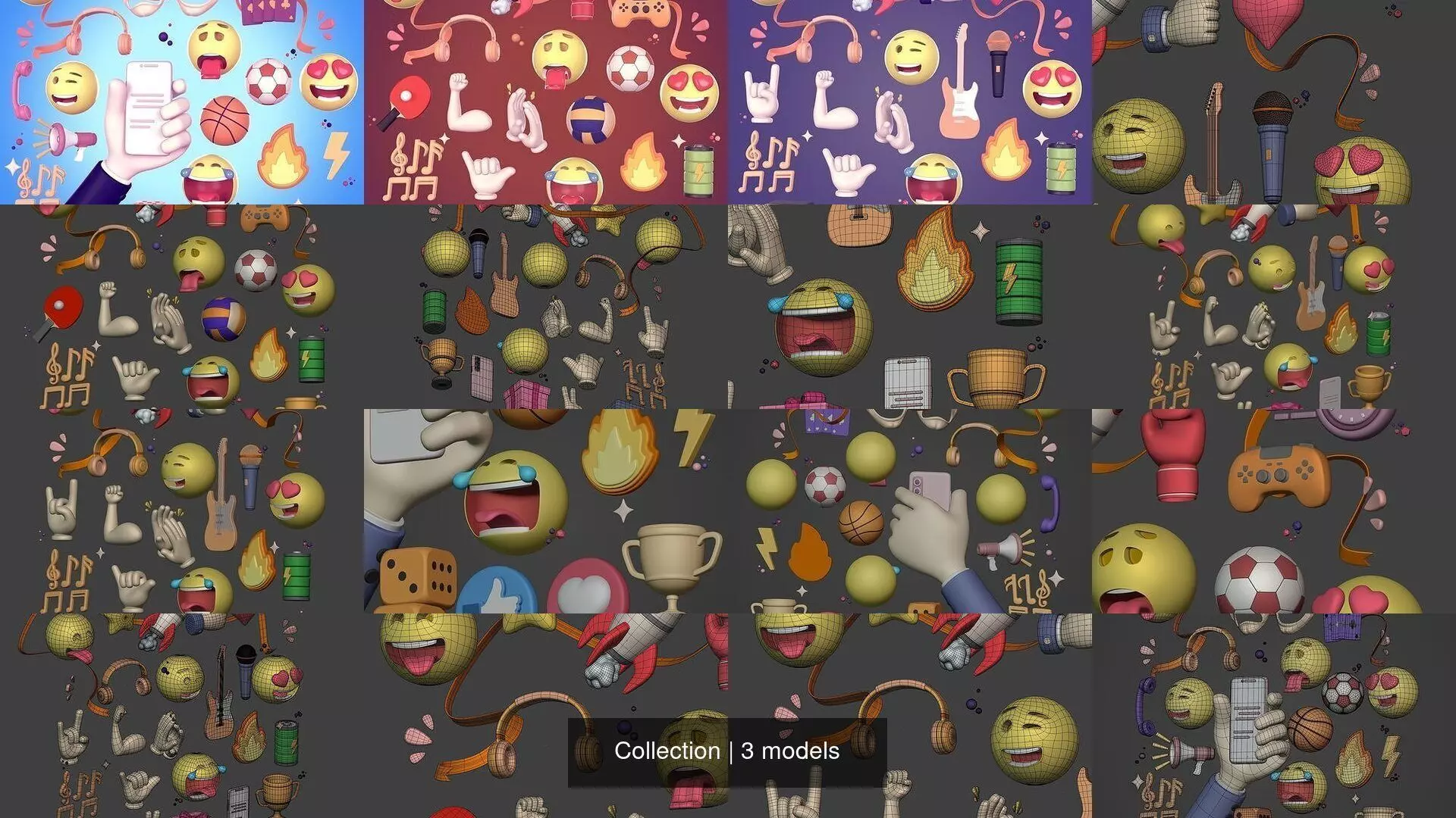 Cartoon Icons Pack - Emoji - Smiley - Smartphone - Music - Sport 3D Model Collection_0