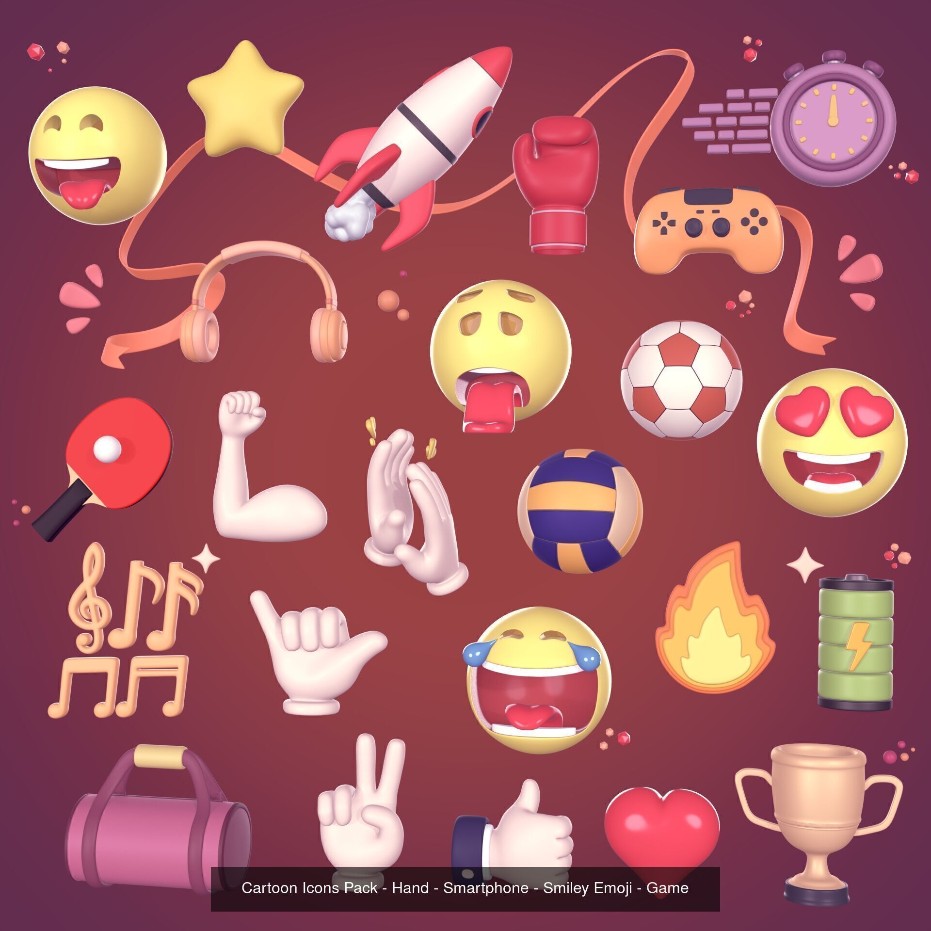 Cartoon Icons Pack - Emoji - Smiley - Smartphone - Music - Sport 3D Model Collection_2