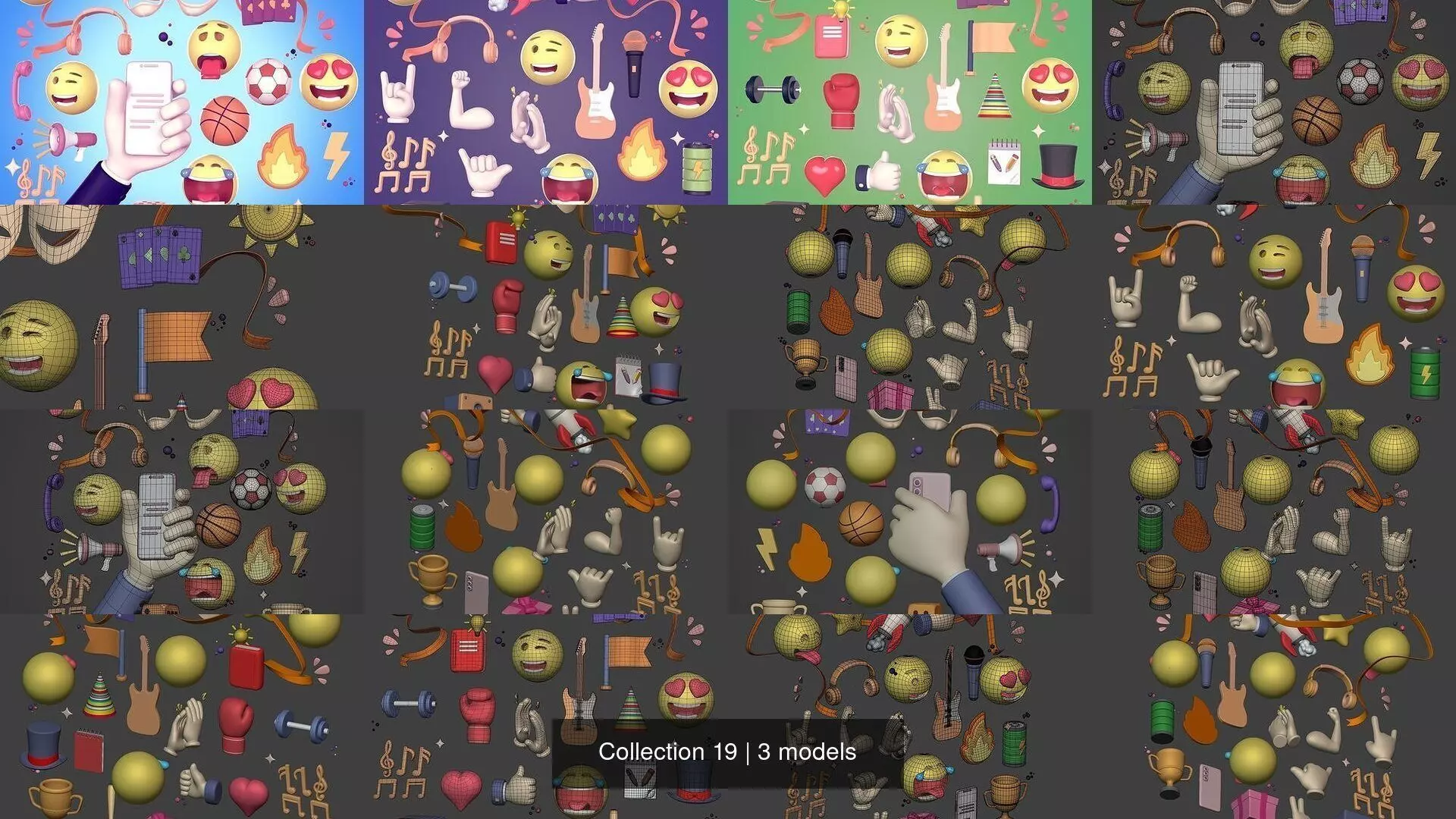 Cartoon Icons Pack - Emoji - Smiley - Smartphone - Music - Sport 3D Model Collection_0