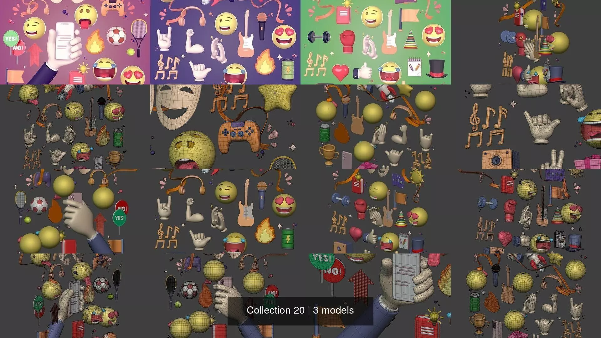 Cartoon Icons Pack - Emoji - Smiley - Smartphone - Music - Sport 3D Model Collection_0