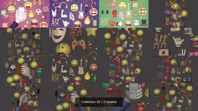 Cartoon Icons Pack - Emoji - Smiley - Smartphone - Music - Sport 3D Model Collection