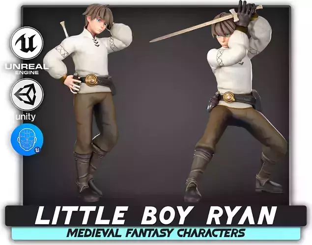 Little Boy Ryan - Young Medieval Warrior with Wooden Sword -  61 Low-poly 3D model