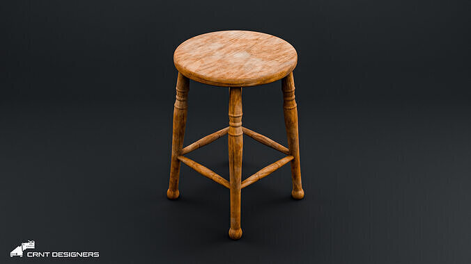 Vintage Wooden Stool 3D model 2