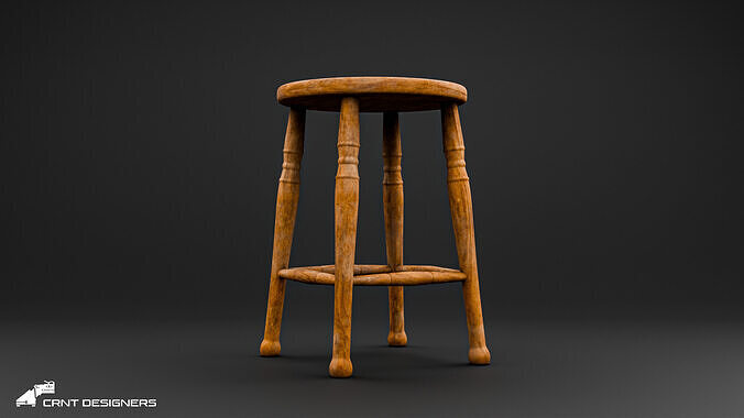 Vintage Wooden Stool 3D model 6
