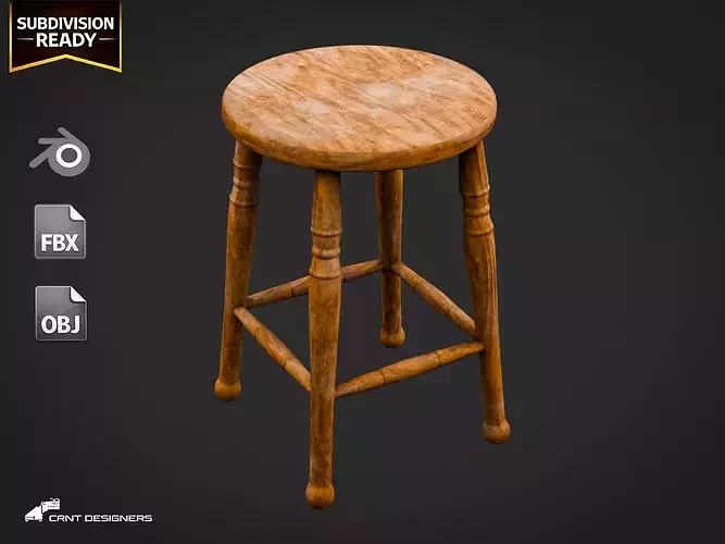 Vintage Wooden Stool 3D model