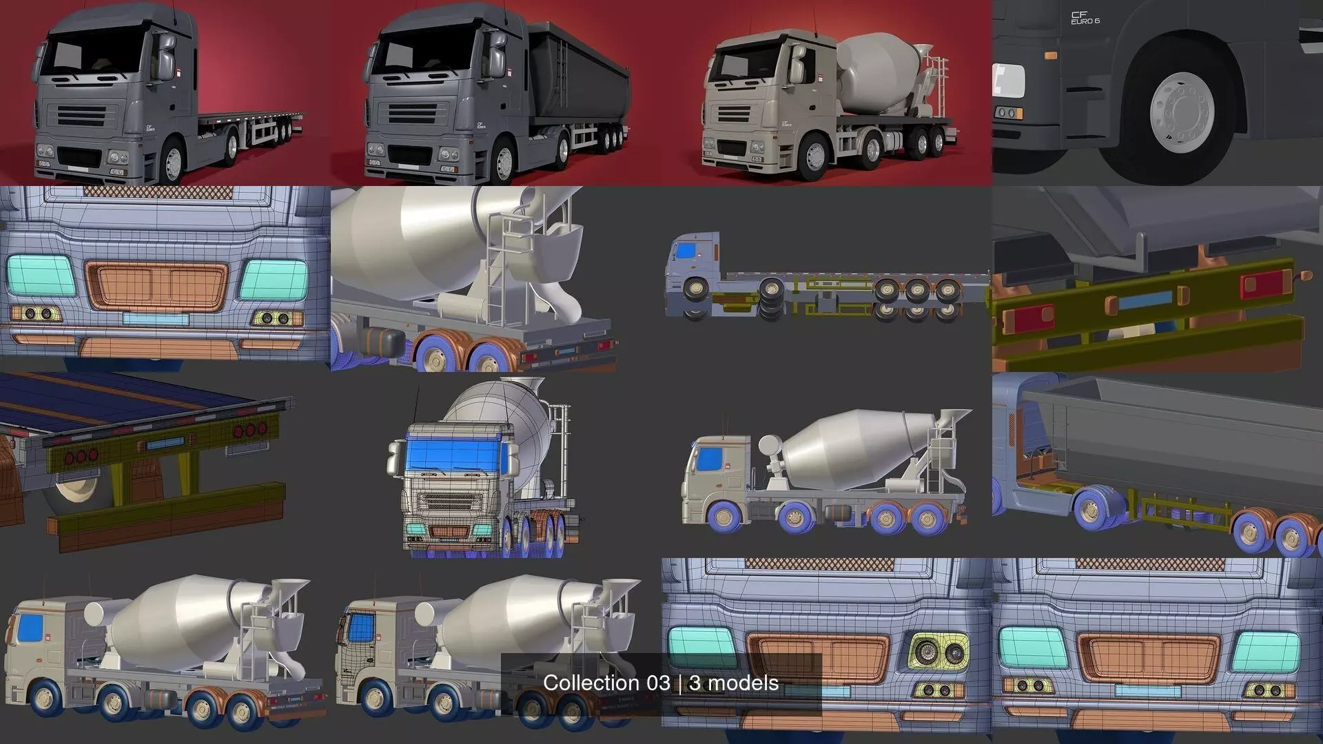 Generic Flatbed Trailer Truck - Cement Mixer - Construction 3D Model Collection_0