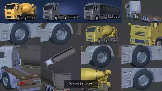 Generic Heavy trucks - Flatbed Trailer Cement Mixer Construction 3D Model Collection