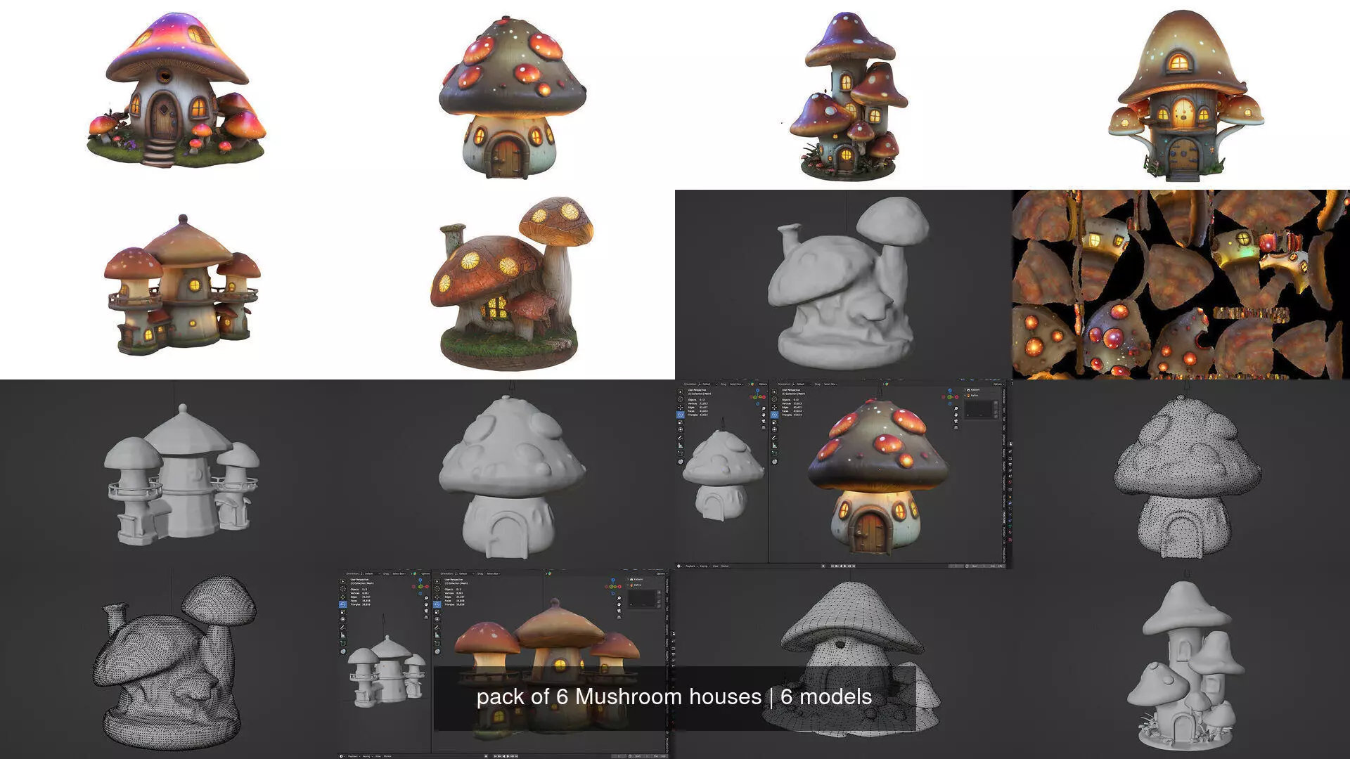 pack of 6 Mushroom houses 3D Model Collection_0