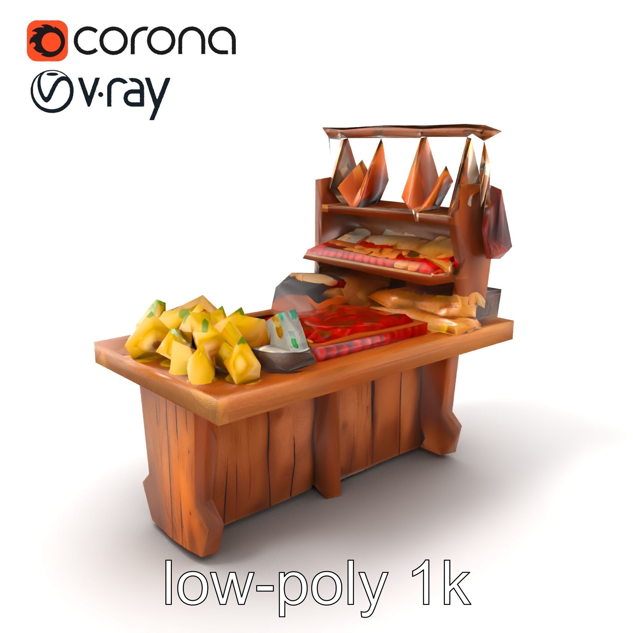 Vintage Rural Market Counter Display model pack Low-poly 3D model_5