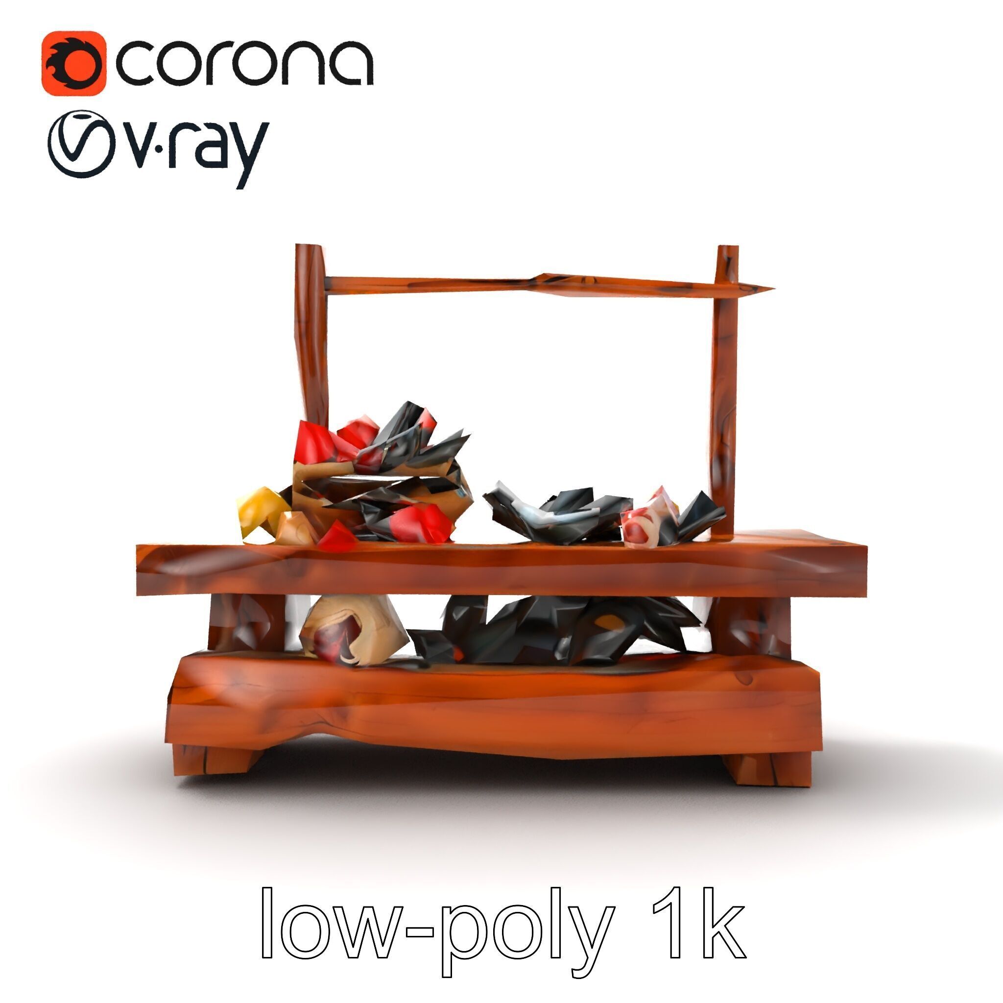 Rustic Market Table with Produce and Meats Model Pack Low-poly 3D model_26