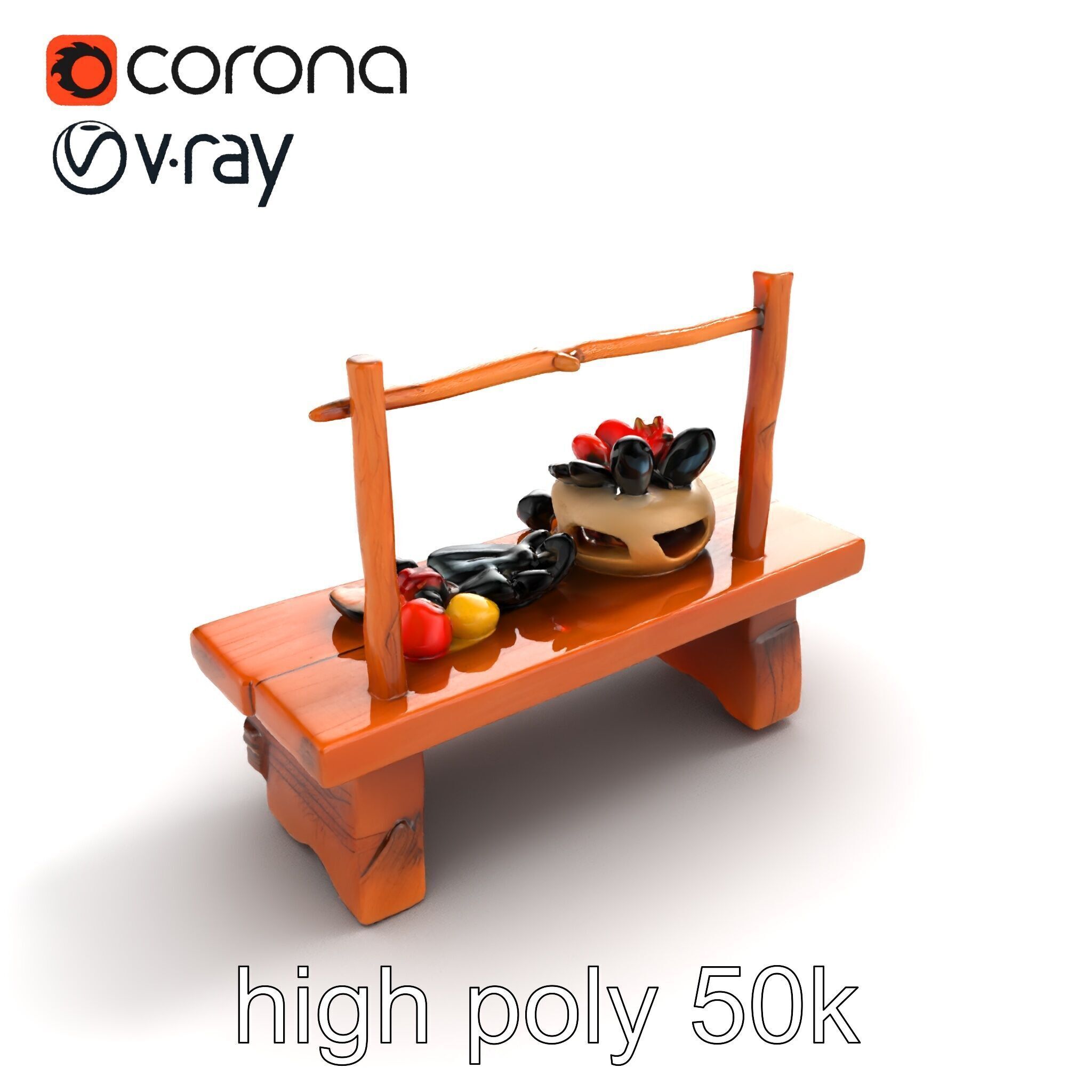 Rustic Market Table with Produce and Meats Model Pack Low-poly 3D model_12