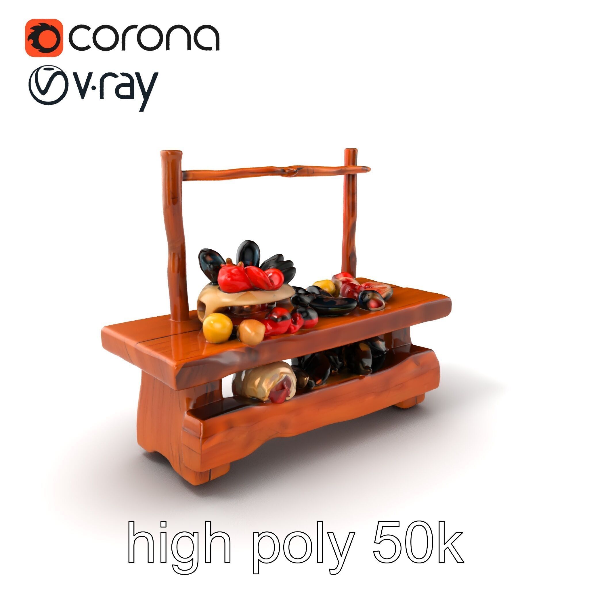 Rustic Market Table with Produce and Meats Model Pack Low-poly 3D model_2