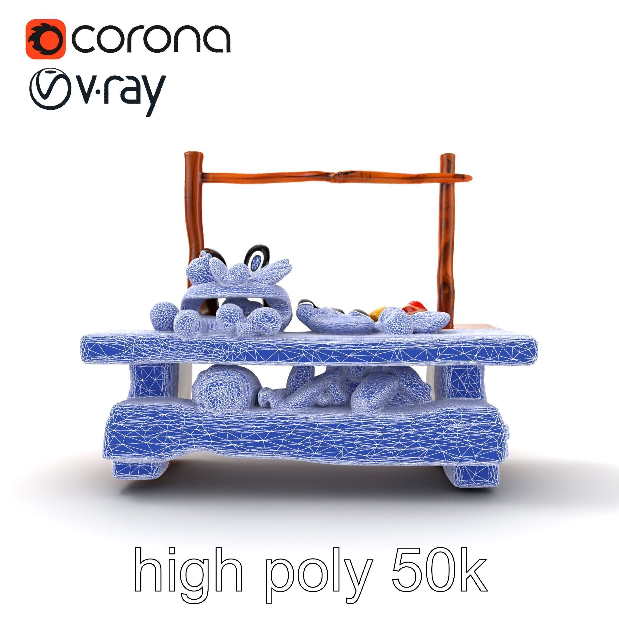 Rustic Market Table with Produce and Meats Model Pack Low-poly 3D model_32