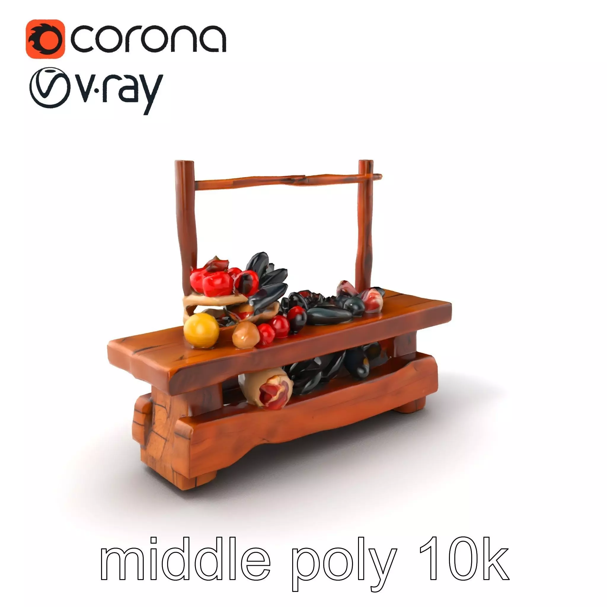 Rustic Market Table with Produce and Meats Model Pack Low-poly 3D model_0