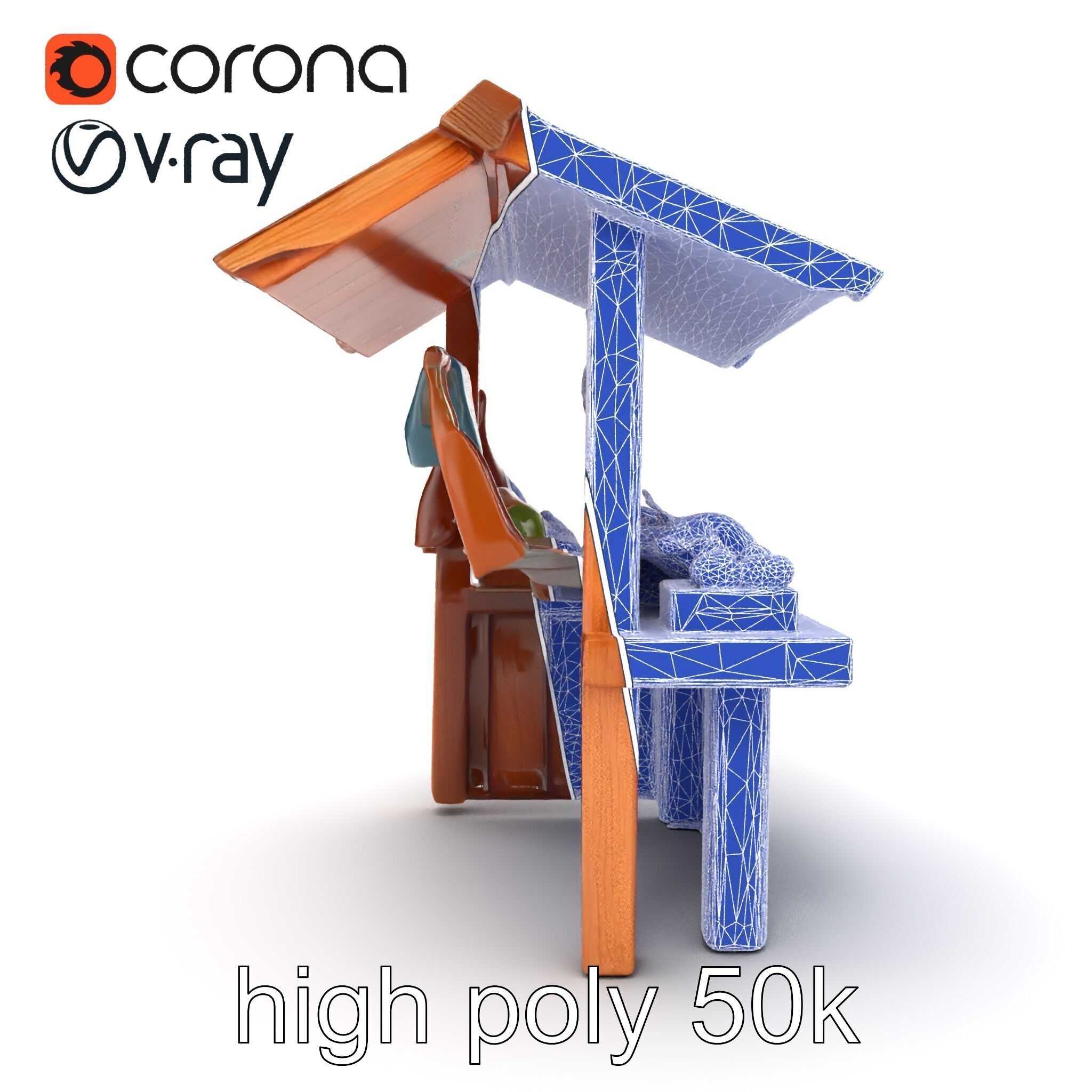 Eco-friendly Wooden Market Stall model pack Low-poly 3D model_31
