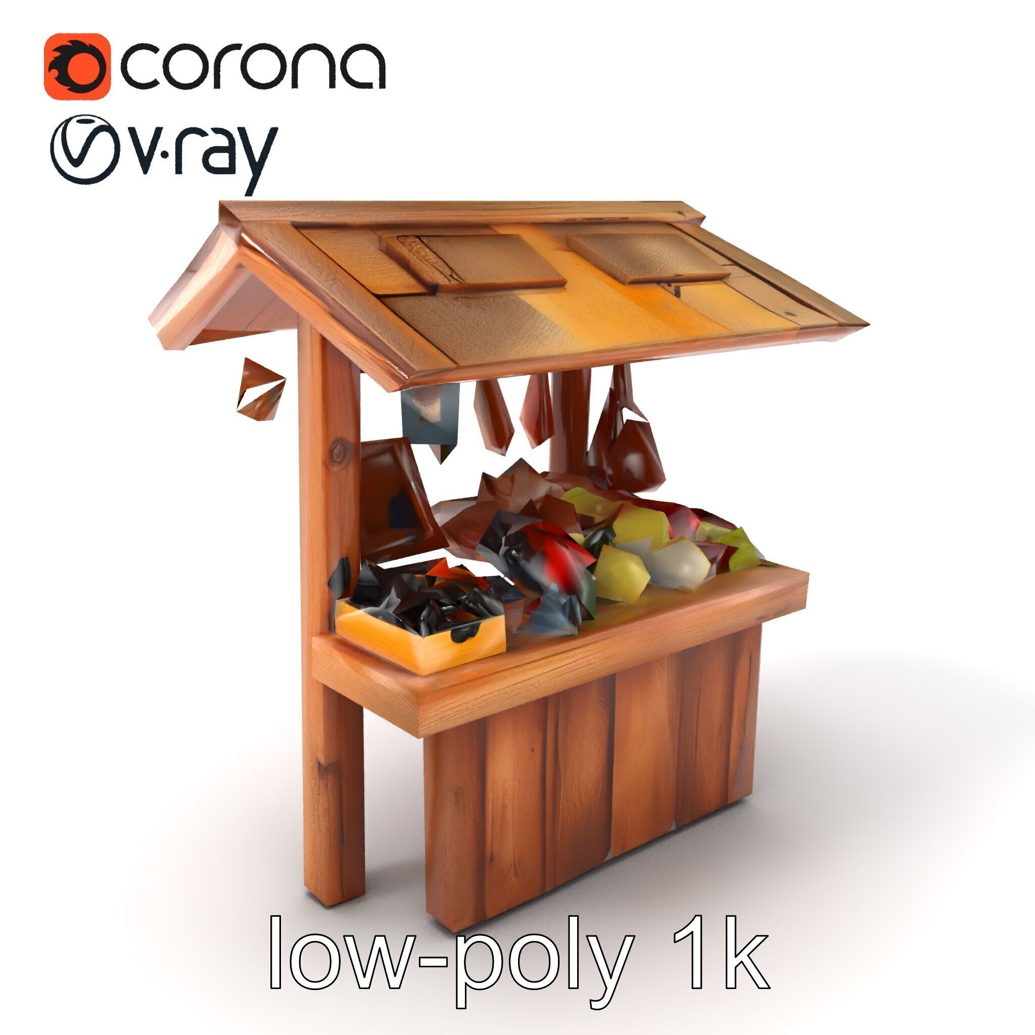 Eco-friendly Wooden Market Stall model pack Low-poly 3D model_5