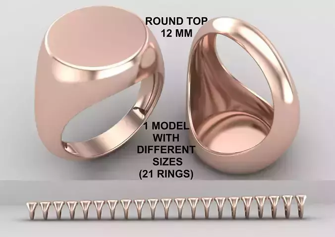 Round Signet Ring Base 12MM top in All sizes 163-MWC 3D print model