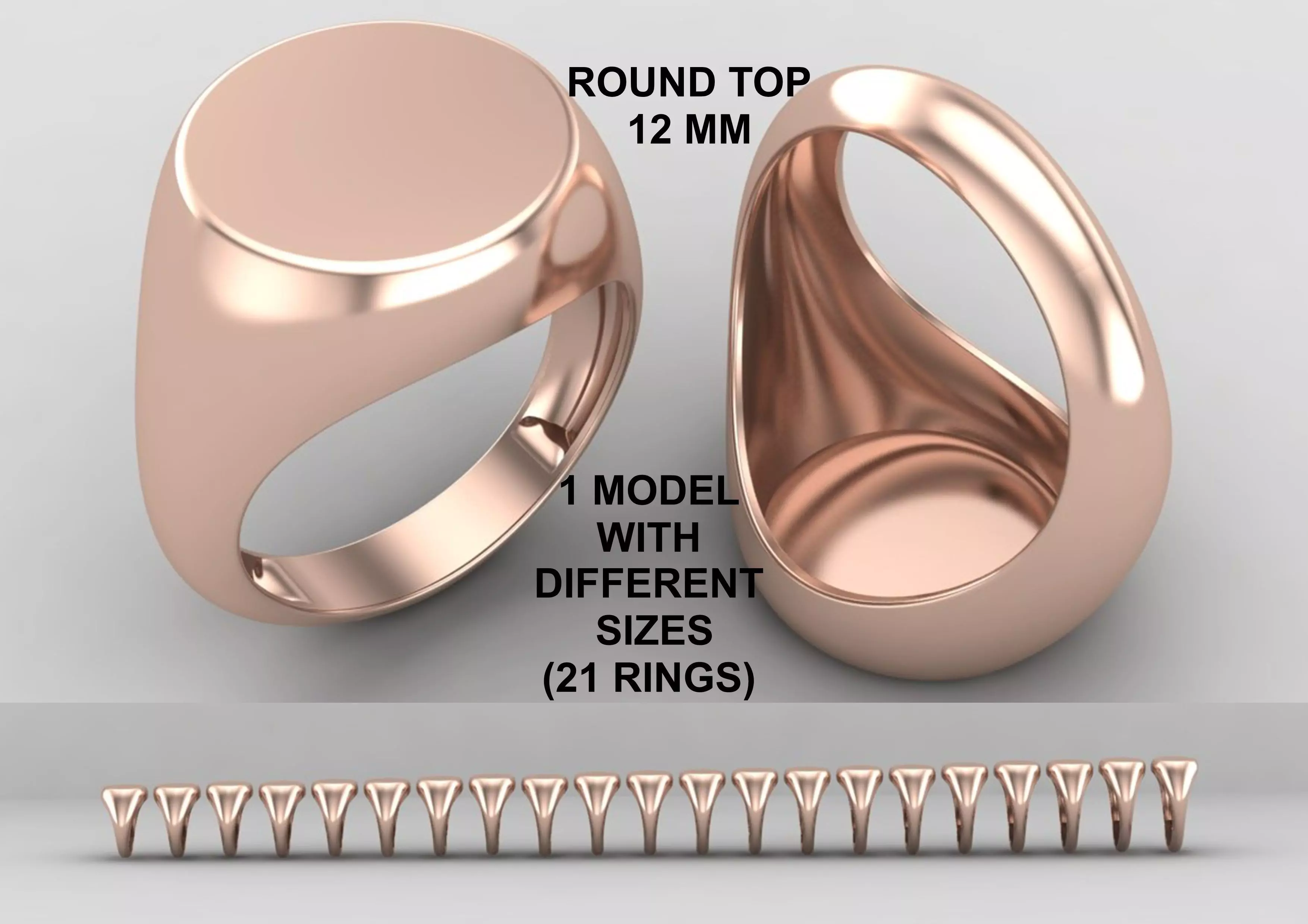 Round Signet Ring Base 12MM top in All sizes 163-MWC 3D print model