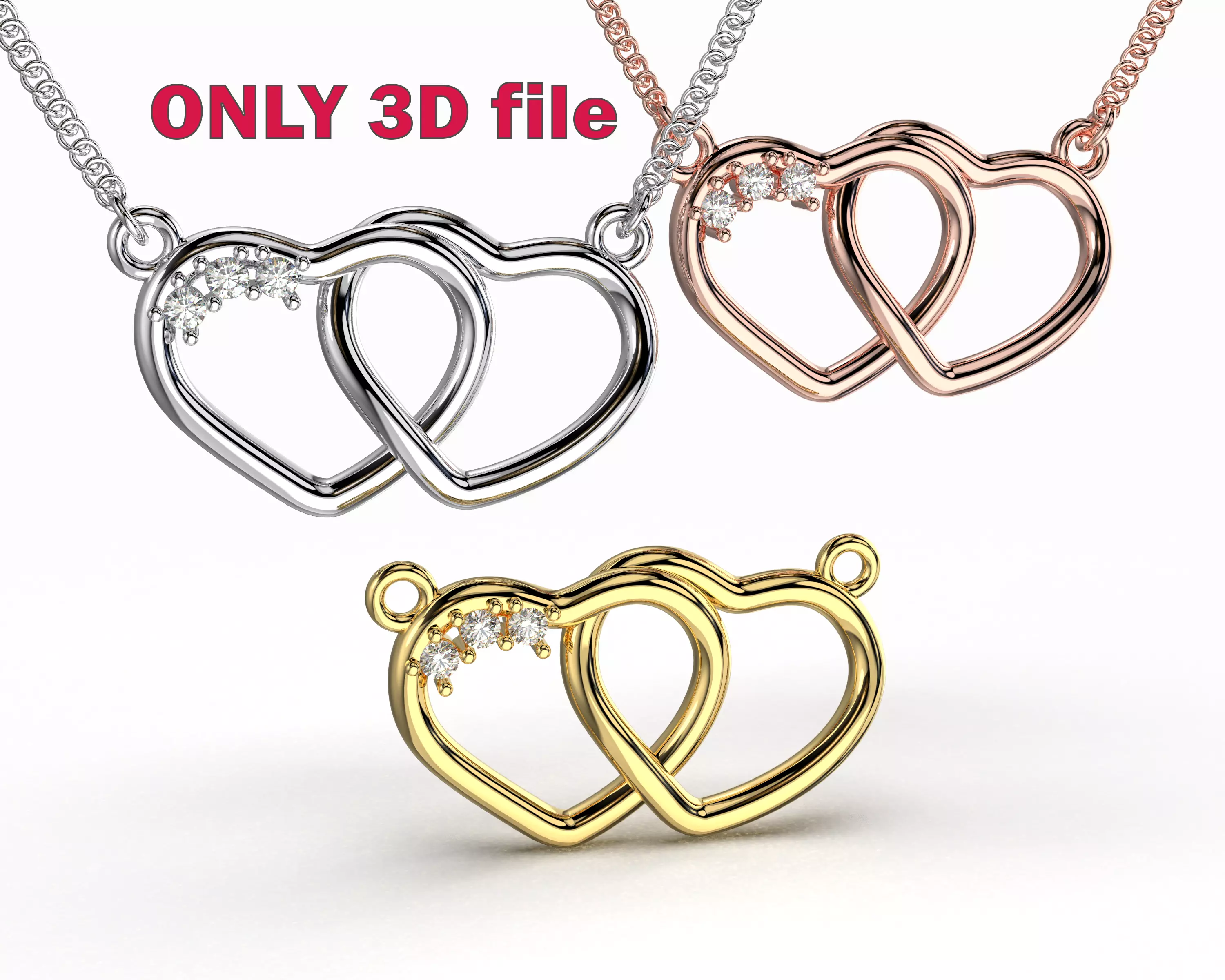 Jewelry pendant necklace 2 HEARTS 3 stones-Printable STL 3D print model