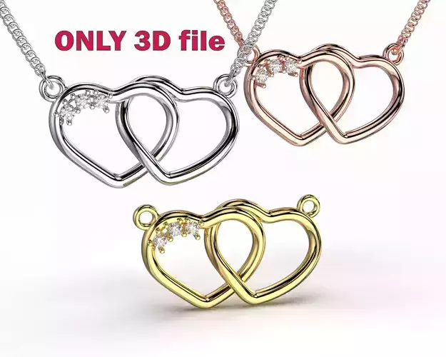 Jewelry pendant necklace 2 HEARTS 3 stones-Printable STL