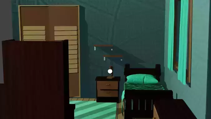 3D Model of a Cartoon-Style Youth Room with Wooden Furniture