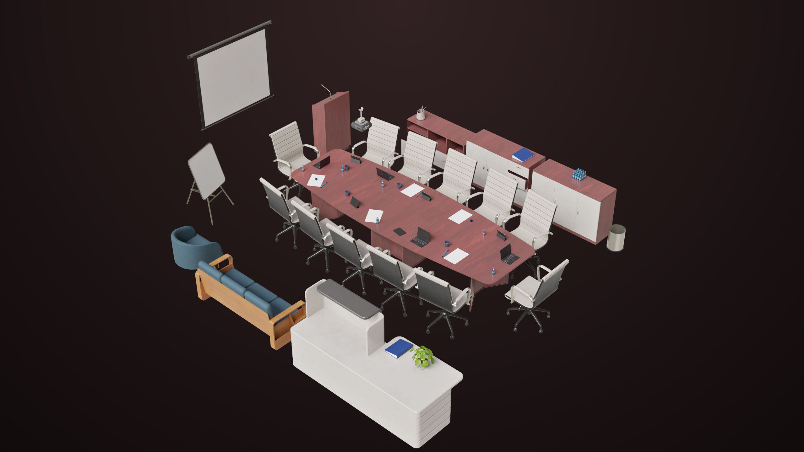 Conference Hall Props Collection Single Mat All PBR Textures Low-poly 3D model_1