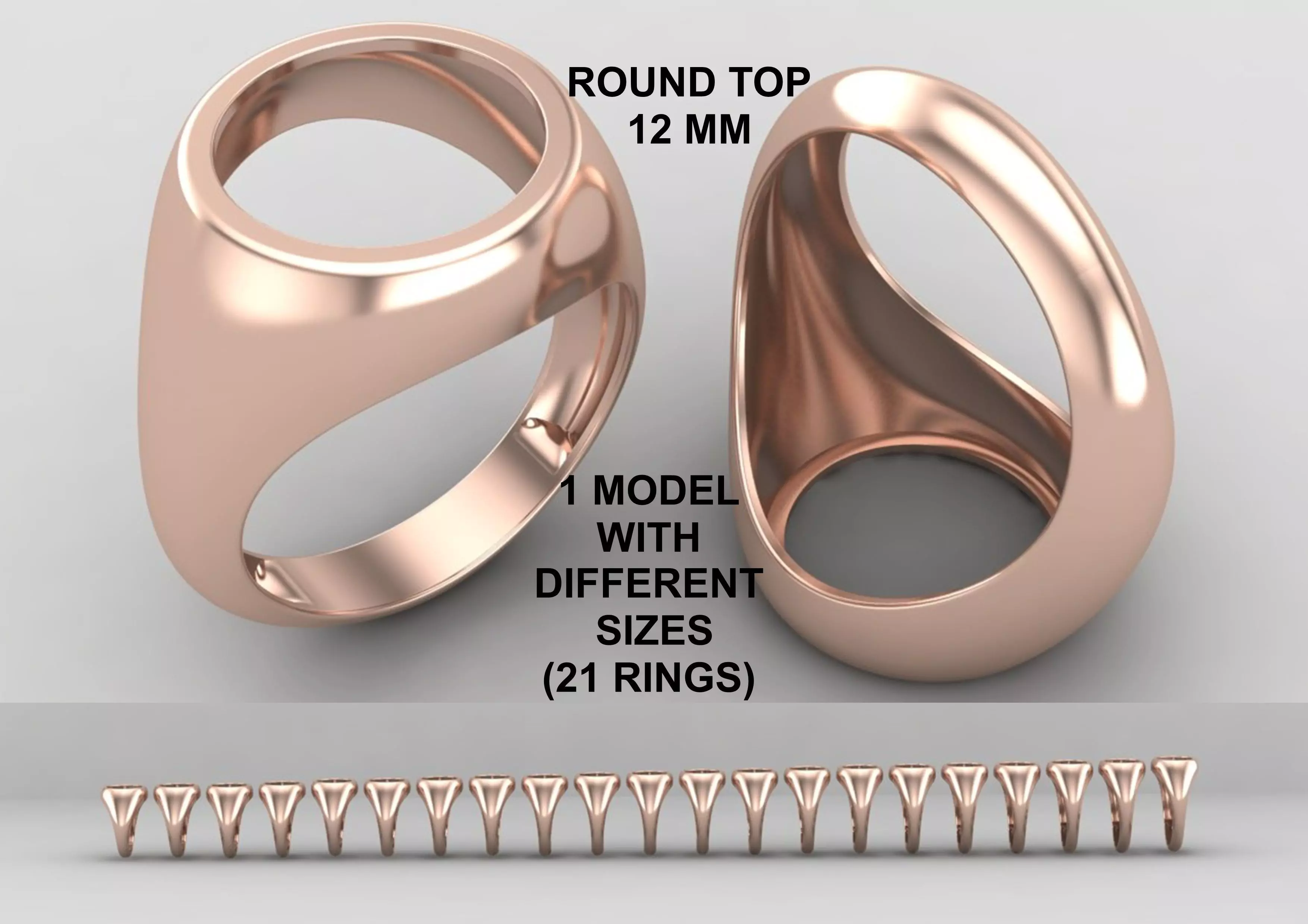 Round gemstone Ring Base 12MM top in All sizes 165-MWC 3D print model_0