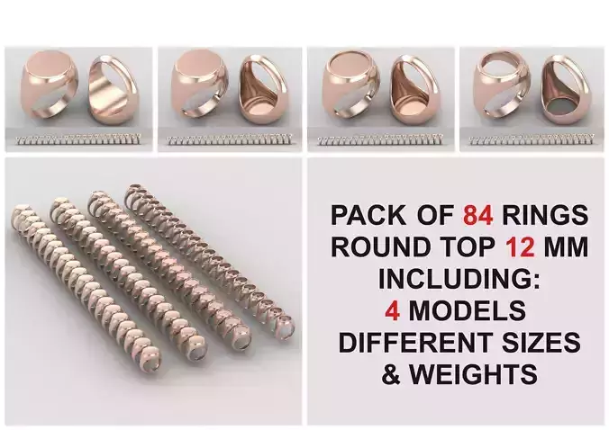 Pack of 84 rings top round 12MM rings in All sizes 166-MWCG 3D Model Collection