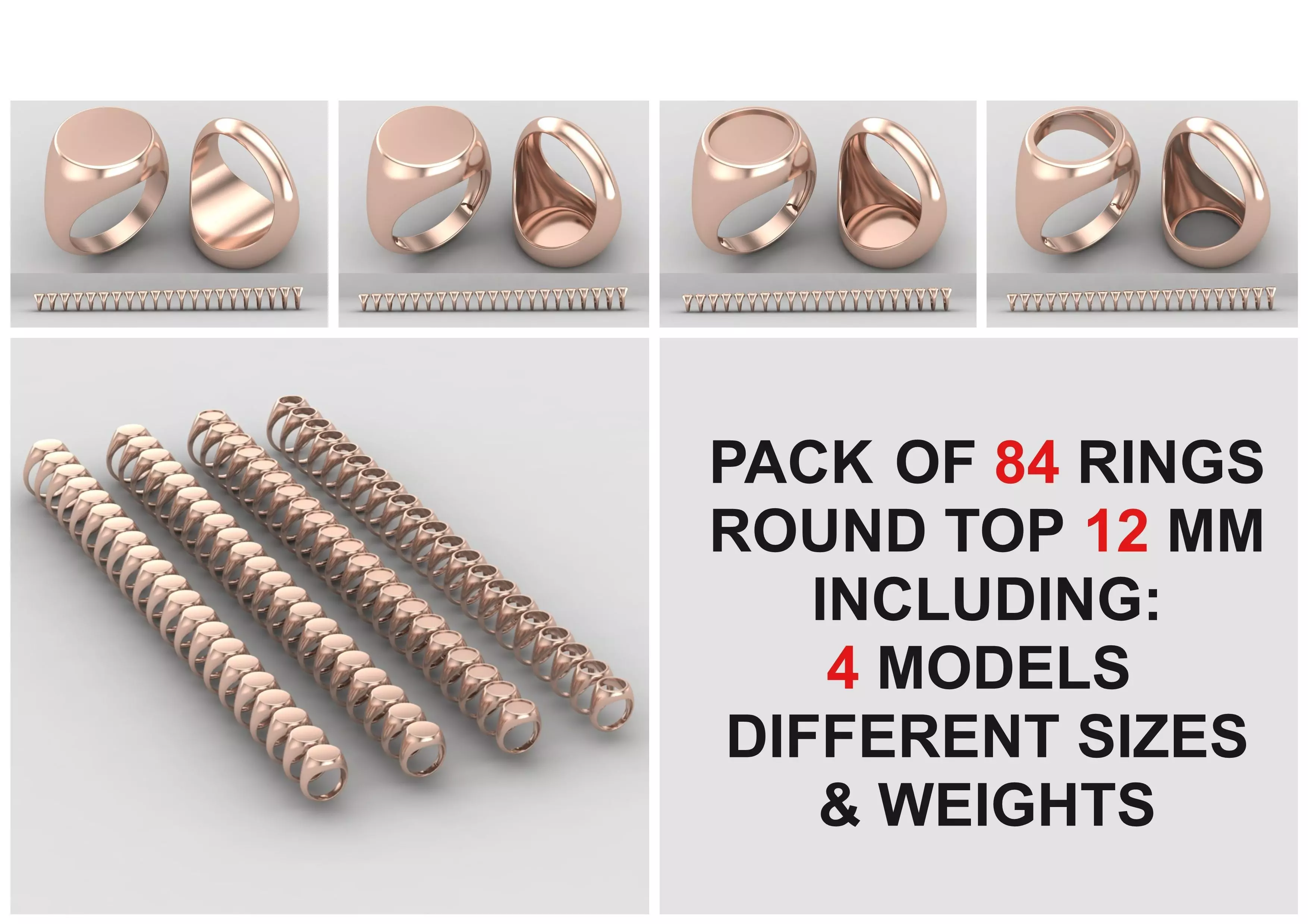 Pack of 84 rings top round 12MM rings in All sizes 166-MWCG 3D Model Collection_0