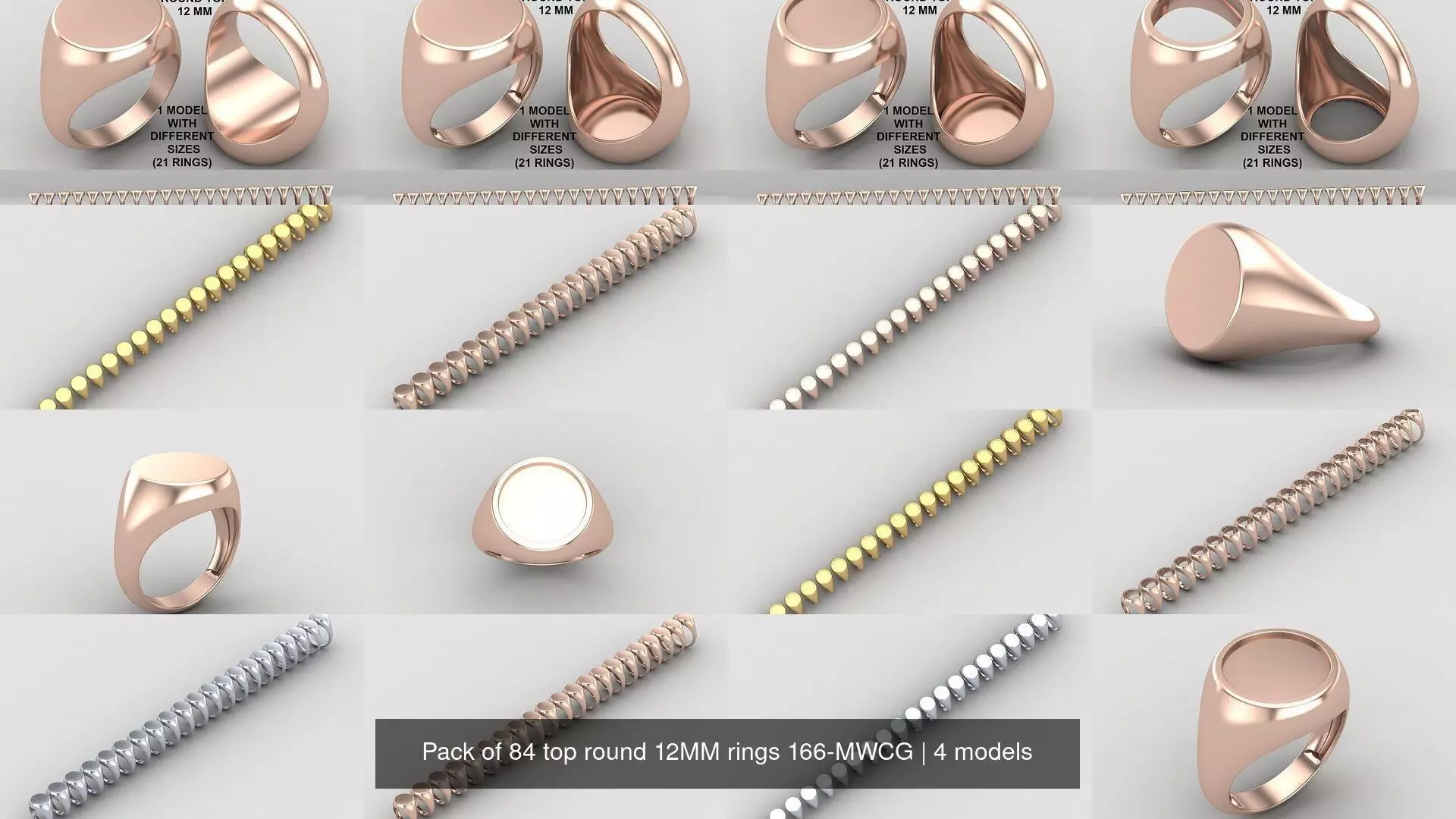Pack of 84 rings top round 12MM rings in All sizes 166-MWCG 3D Model Collection_1