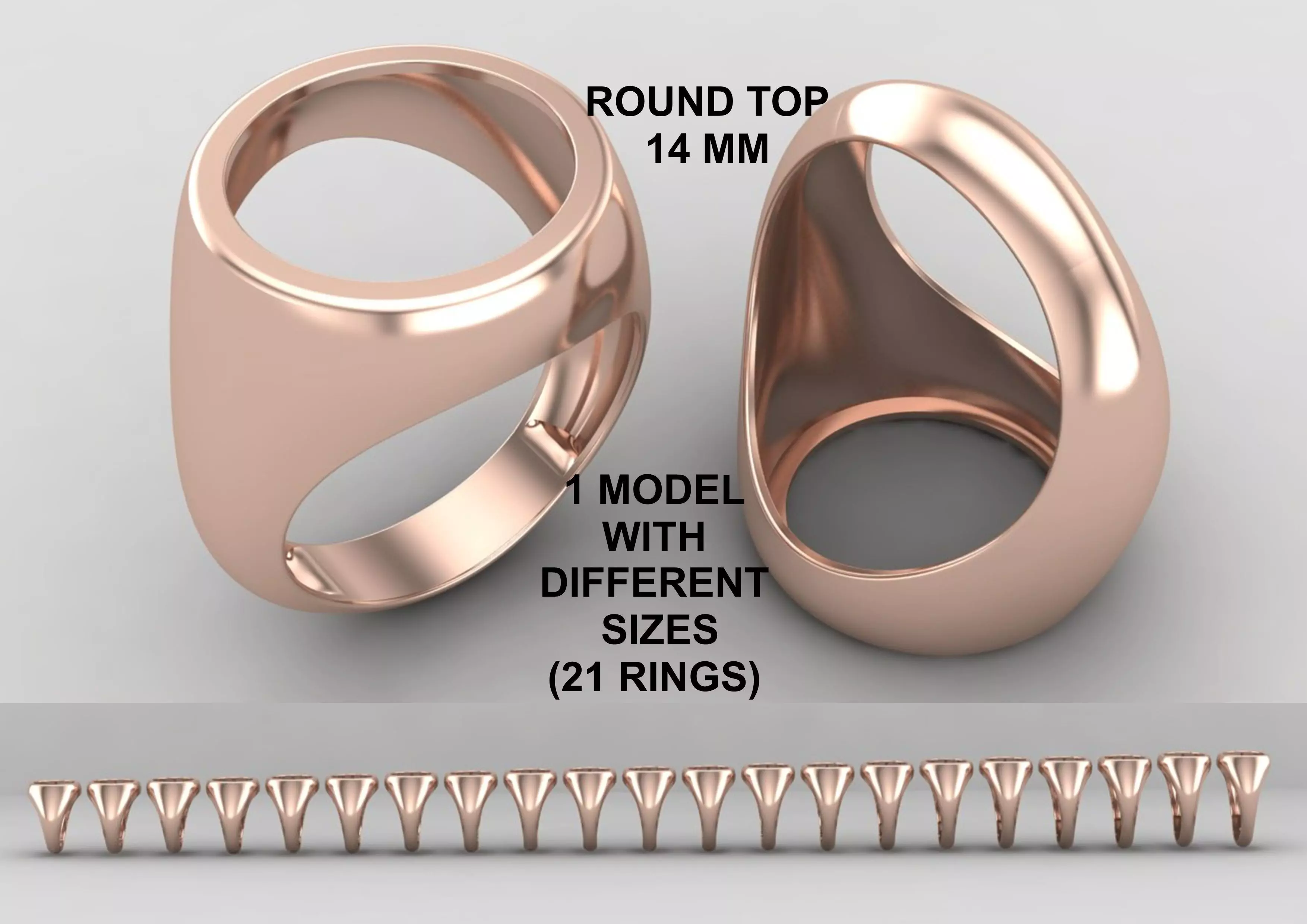 Round gemstone Ring Base 14MM top in All sizes 169-MWC 3D print model_0