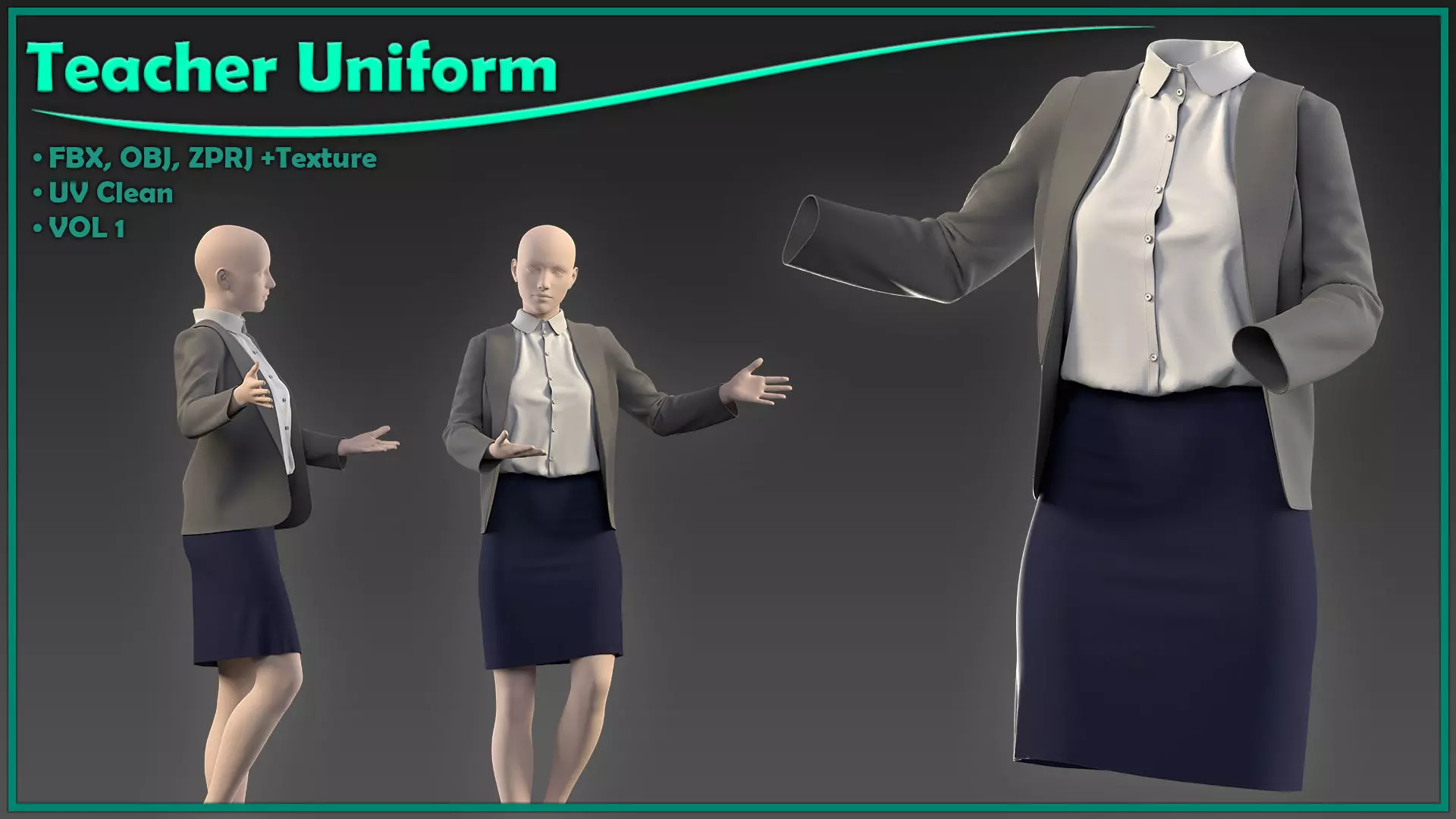 female teacher uniform with texture 3D model_0