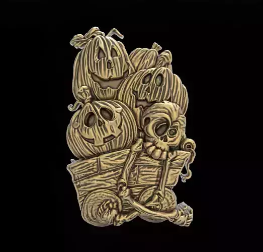 Haunted Pumpkin Cart with Skeleton 3D Model for CNC 